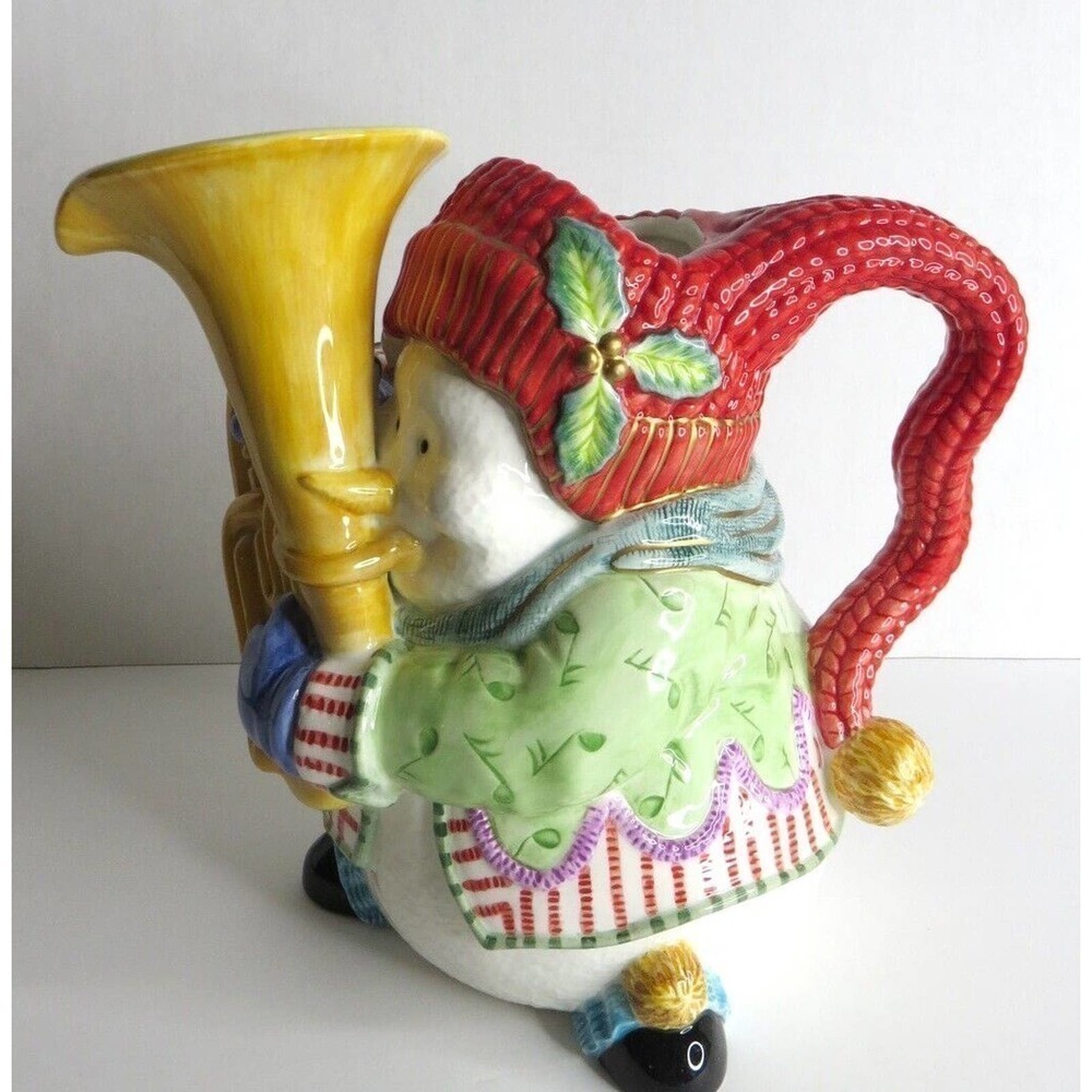 FITZ & Floyd Classics Handcrafted Snowman Jamboree Pitcher 10" Ceramic Holiday